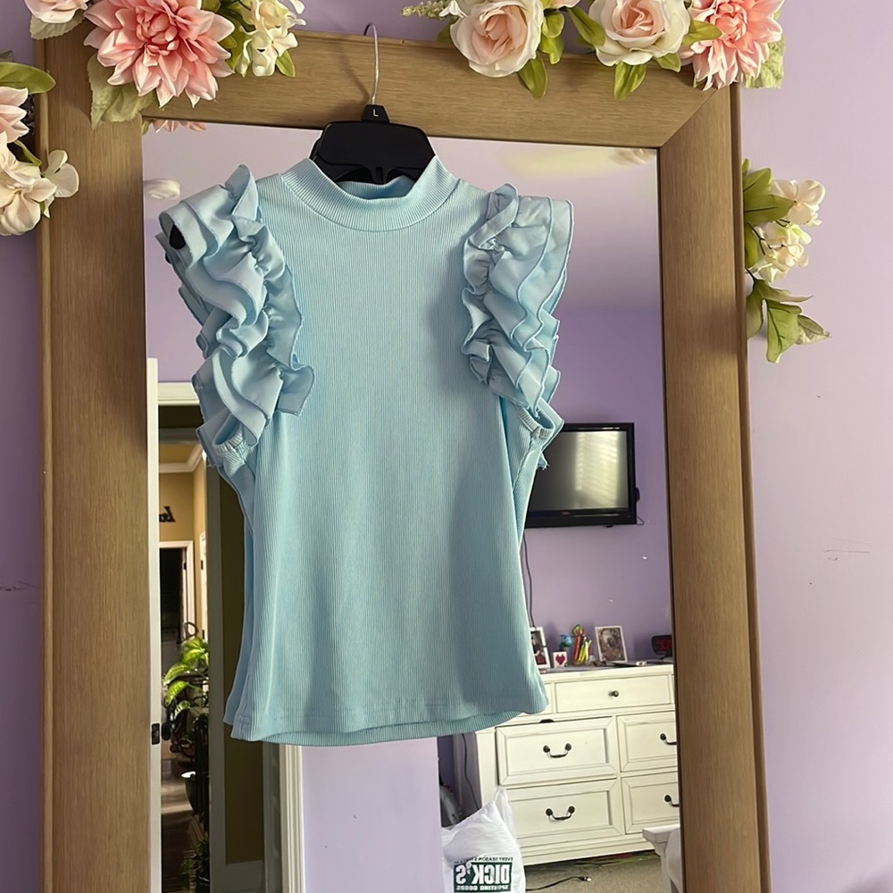 Light Blue Fitted Ruffle Top